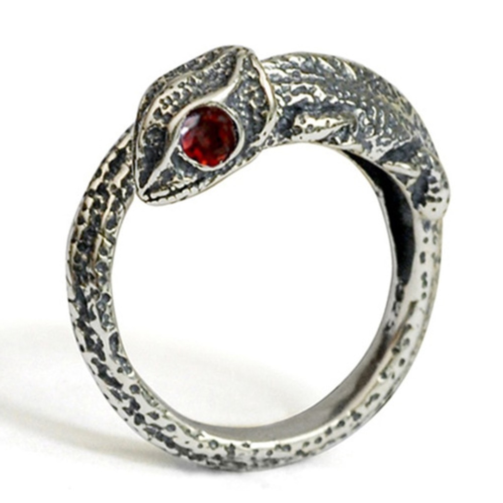 100% 925 Silver Lizard Chameleon Red Garnet Ring